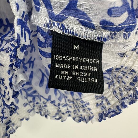 BCBG Maxazria Size Medium Blouse Blue White Ruched Long Sleeve Semi Sheer - Picture 5 of 5